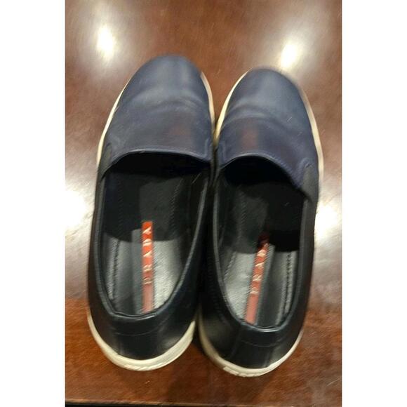 Prada Blue Black Leather Low Top  Sneakers Shoes Men's Size 8 - Picture 1 of 8
